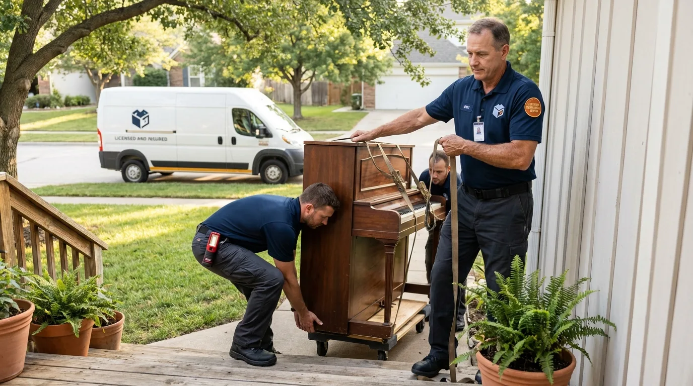 Licensed piano movers securing grand piano in Milford, MI