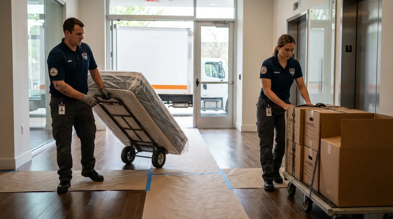 Professional apartment movers loading elevator in Milford, MI